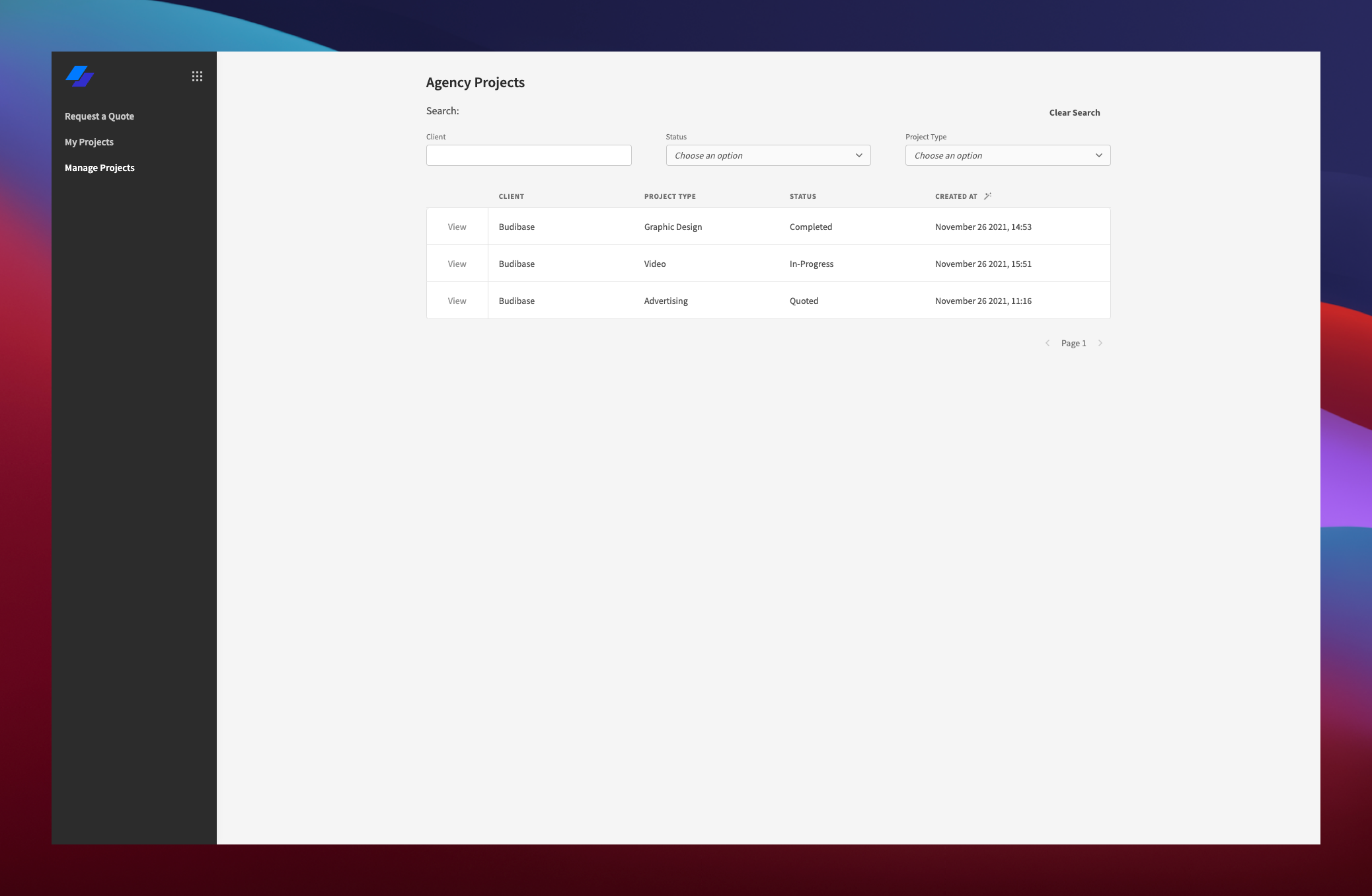 Manage Agency Clients Portal Screen