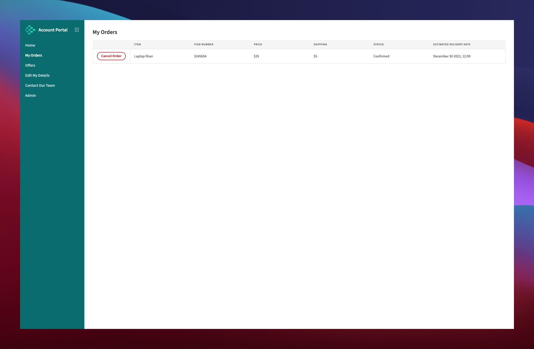 Customer Account Portal - Manage Orders Screen