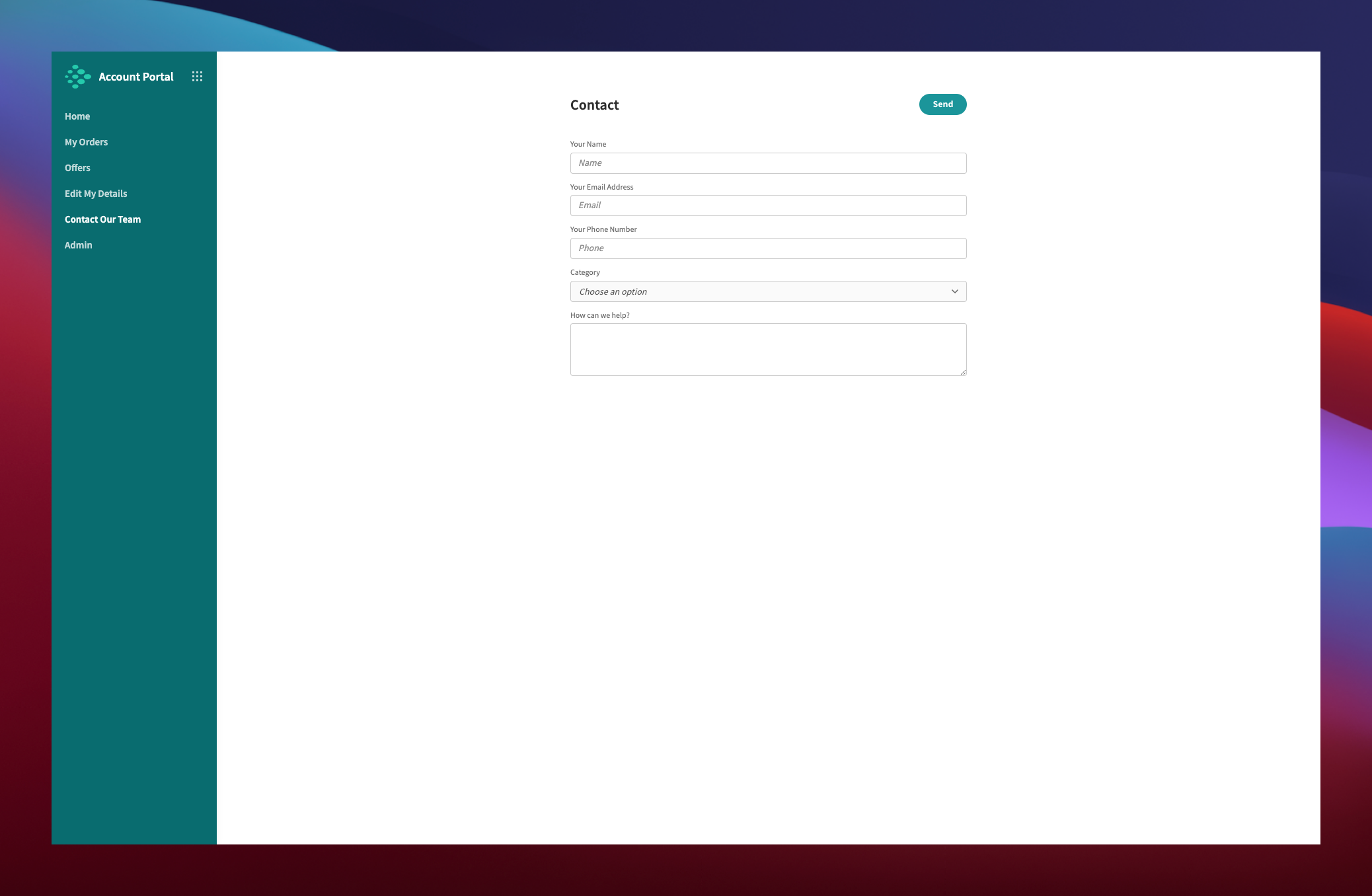 Customer Account Portal Contact Form UI