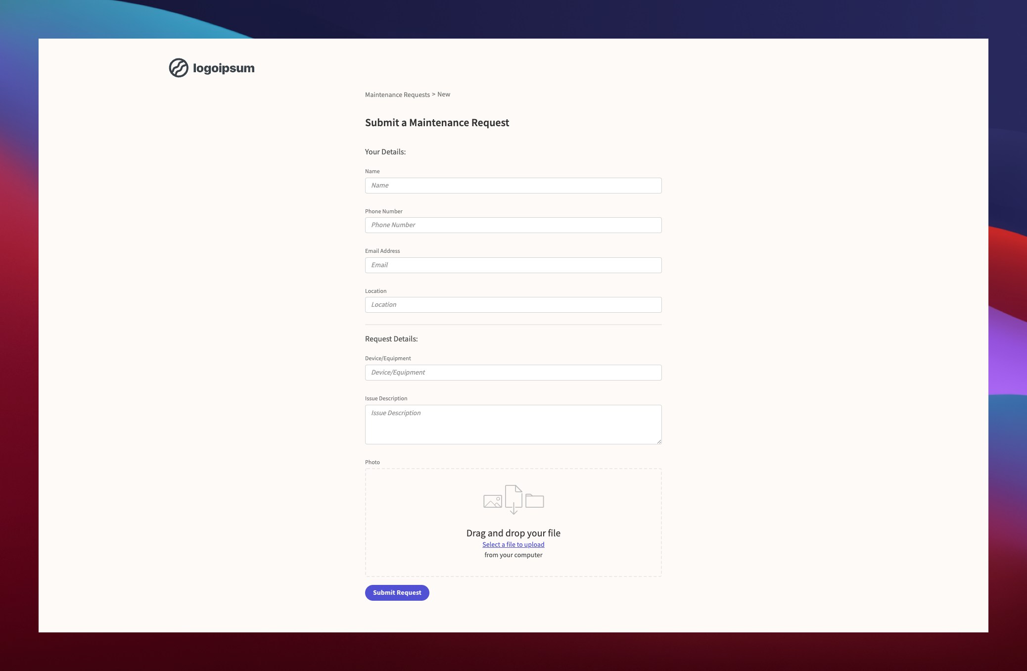 Maintenance request form template screenshot