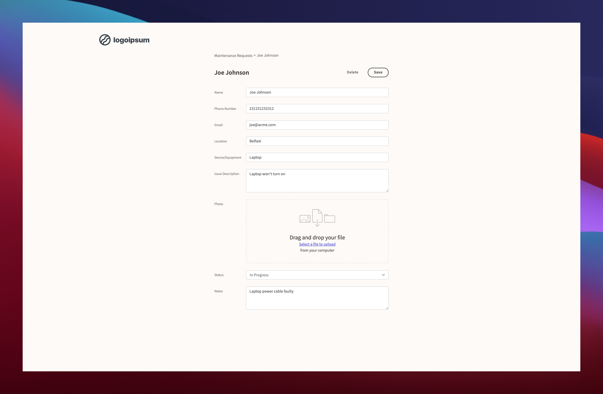 Maintenance request form template approval screen