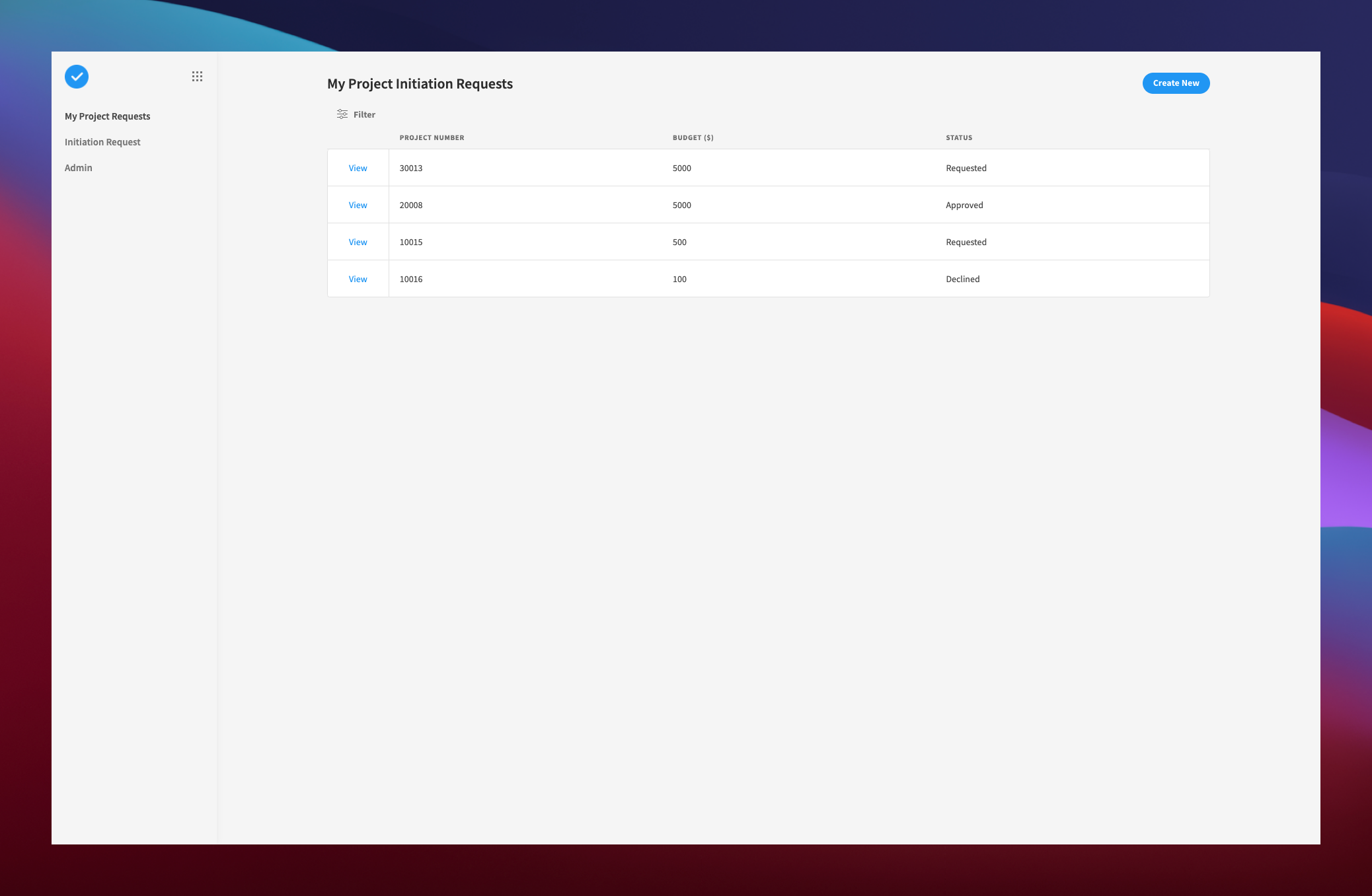 Project Approval System Management Screen