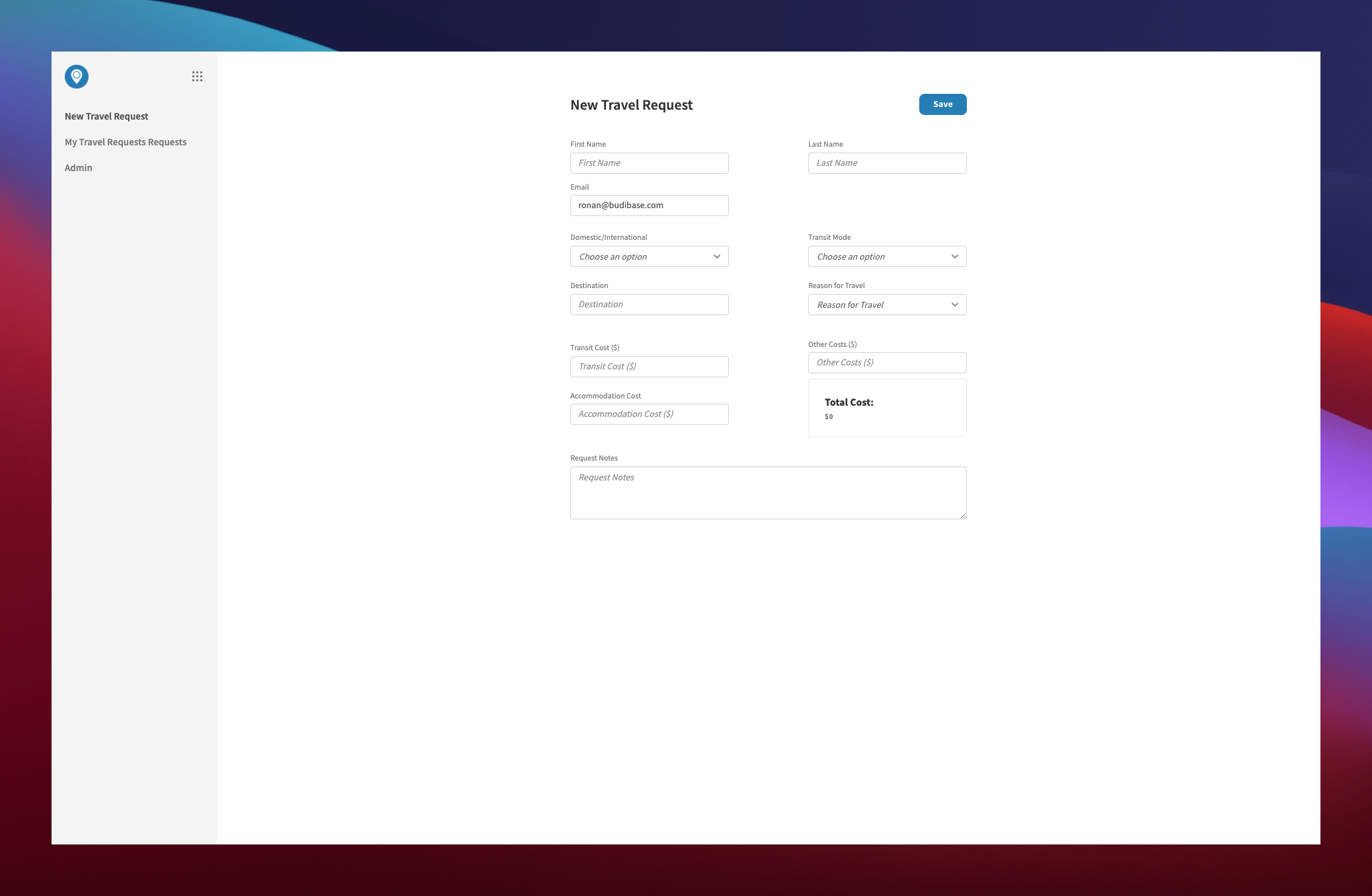 Travel Approval Request Template Form Interface